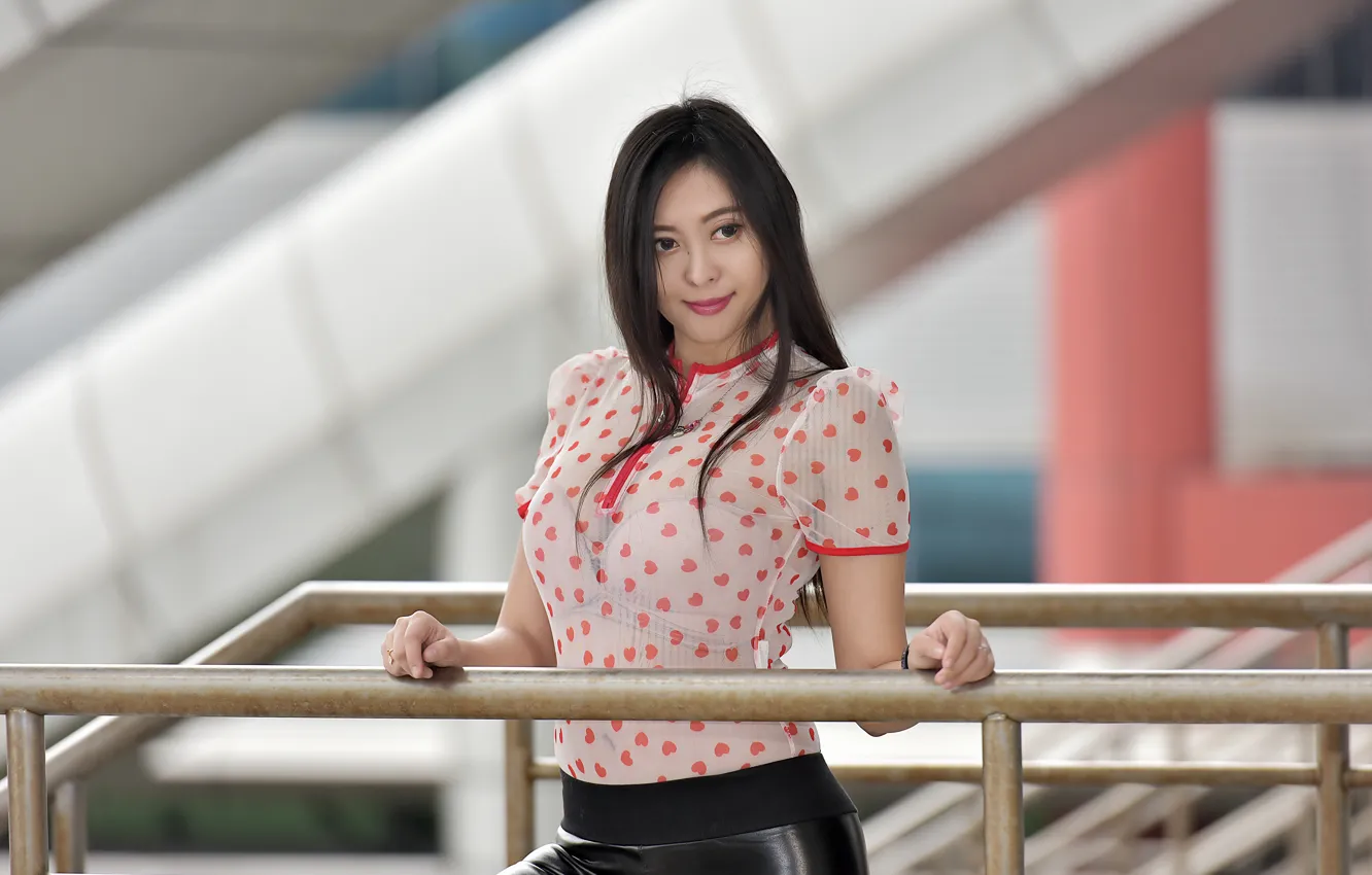 Photo wallpaper girl, skirt, brunette, blouse, Asian, cutie, bokeh