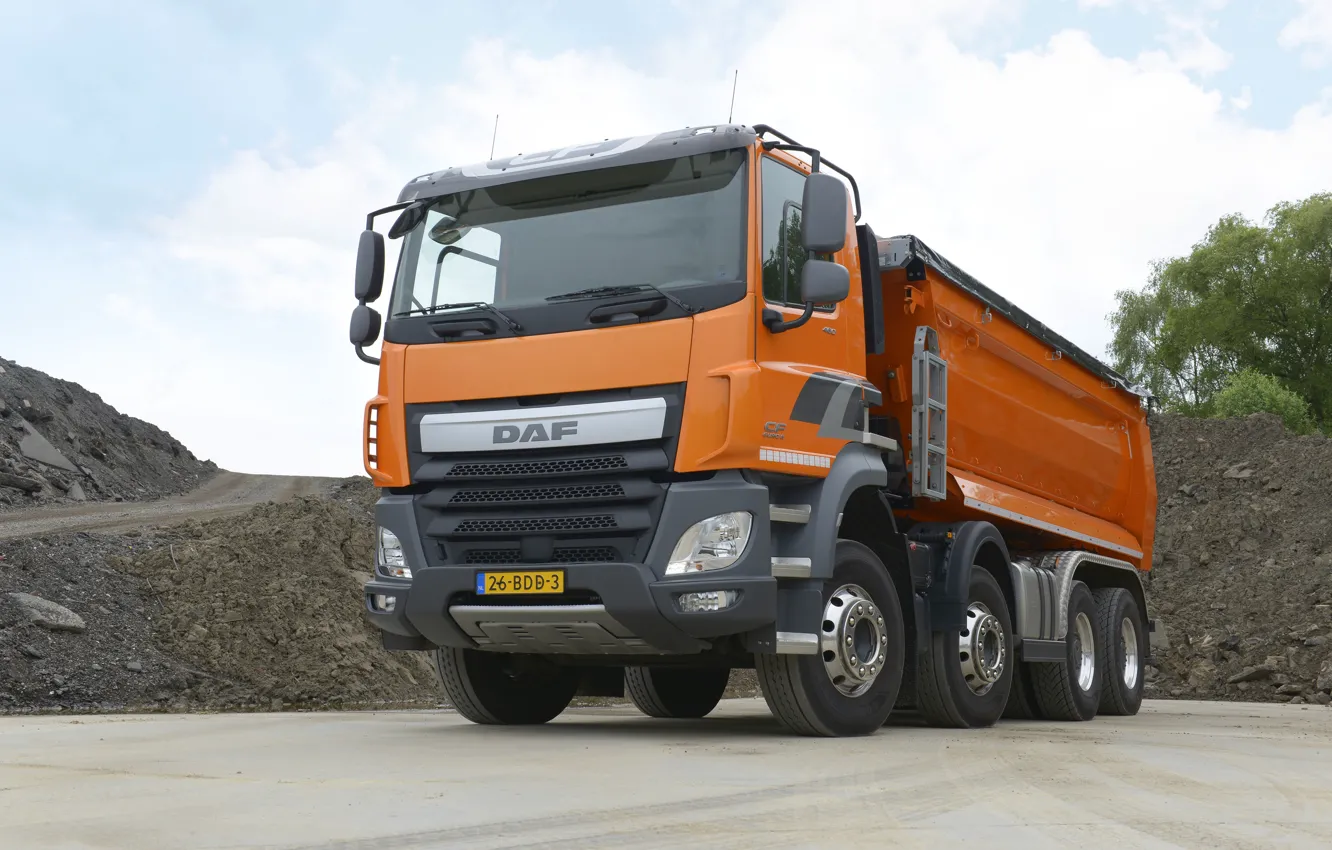 Photo wallpaper orange, tent, body, the ground, DAF, DAF, dump truck, 8x4