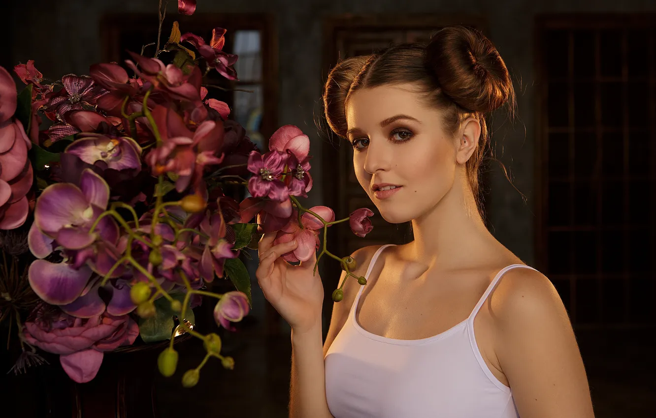 Photo wallpaper look, flowers, pose, model, portrait, hands, makeup, Mike