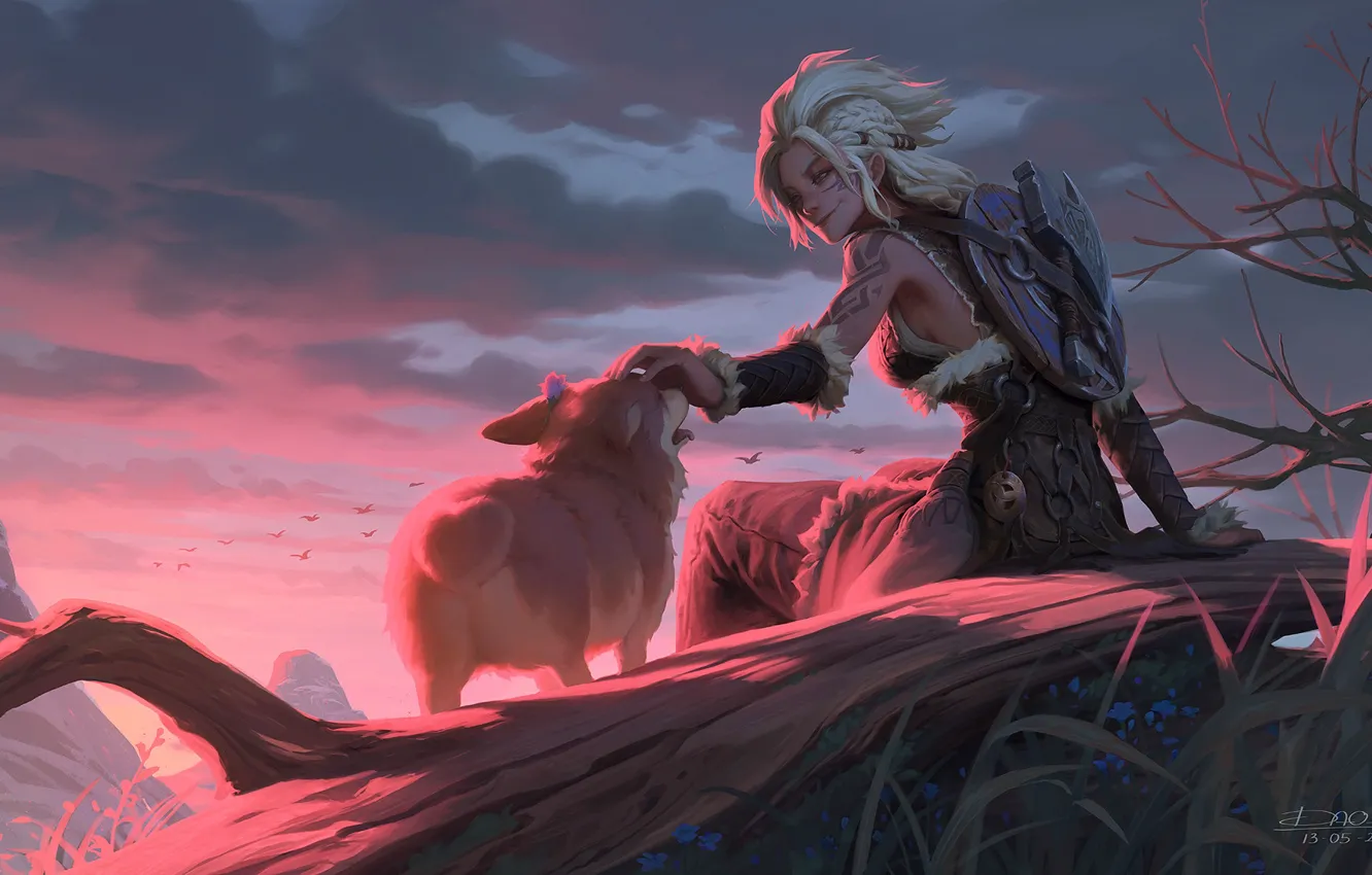 Photo wallpaper girl, clouds, mountains, weapons, dog, horizon, girl, weasel