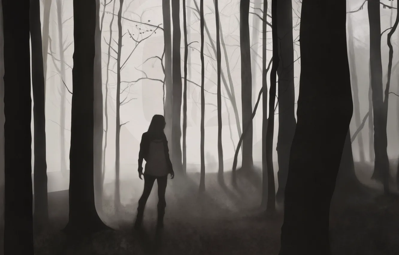 Photo wallpaper forest, girl, trees, silhouette, desktopography