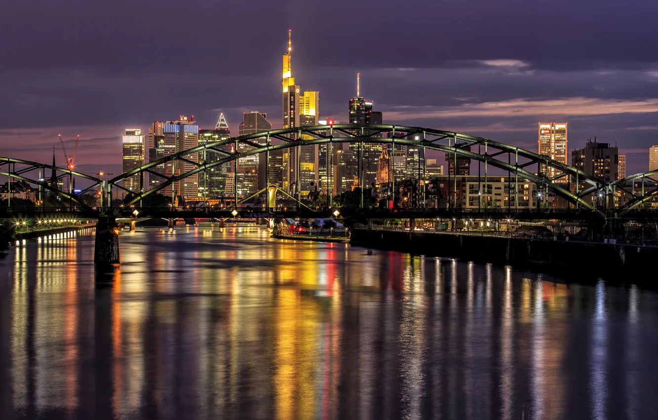 Photo wallpaper bridge, river, Germany, night city, Frankfurt, Germany, Frankfurt am main