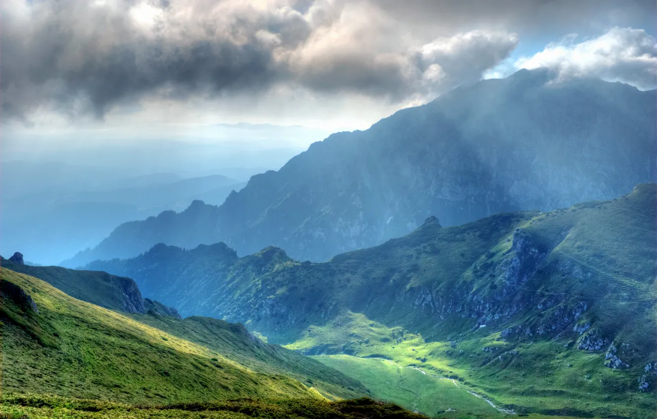 Photo wallpaper clouds, mountains, valley
