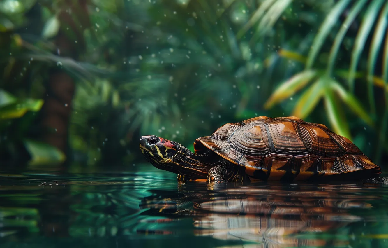 Photo wallpaper leaves, water, lake, pond, reflection, shore, turtle, pond