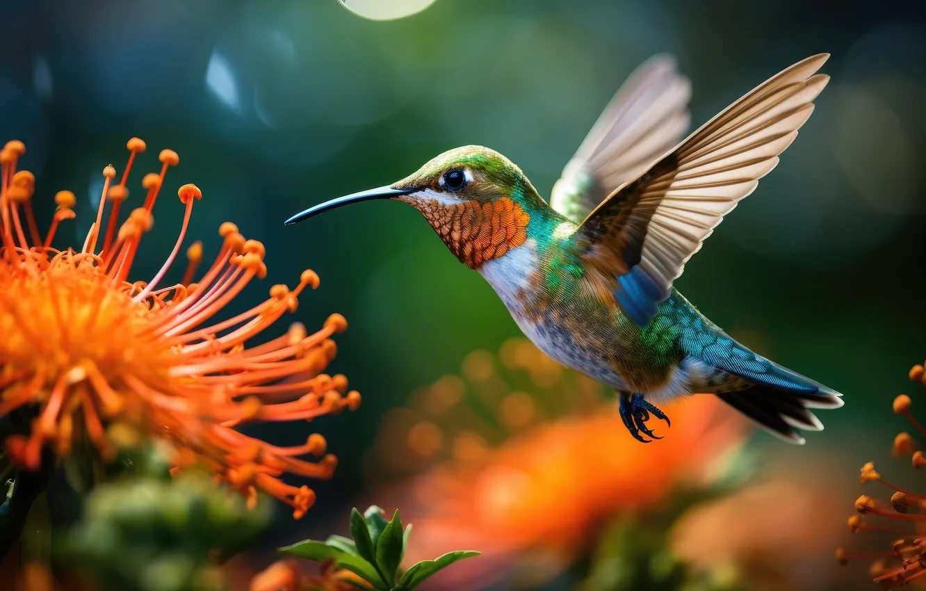 Photo wallpaper flight, flowers, orange, bird, Hummingbird, bird, wings, green background