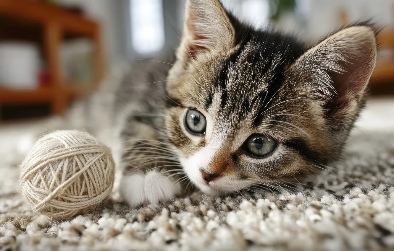 Photo wallpaper cat, look, tangle, pose, grey, the game, baby, Mat