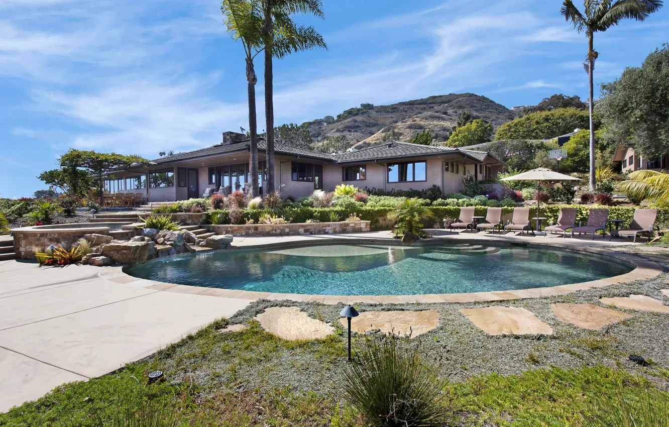 Photo wallpaper house, stones, palm trees, Villa, pool, CA, USA, Laguna Beach
