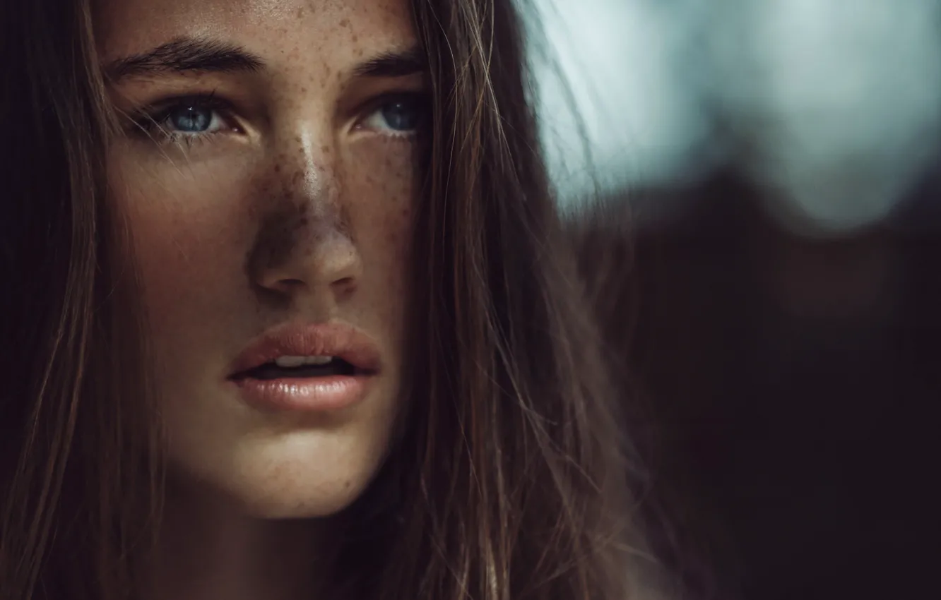 Photo wallpaper girl, blue eyes, model, beauty, lips, hair, look, shadow