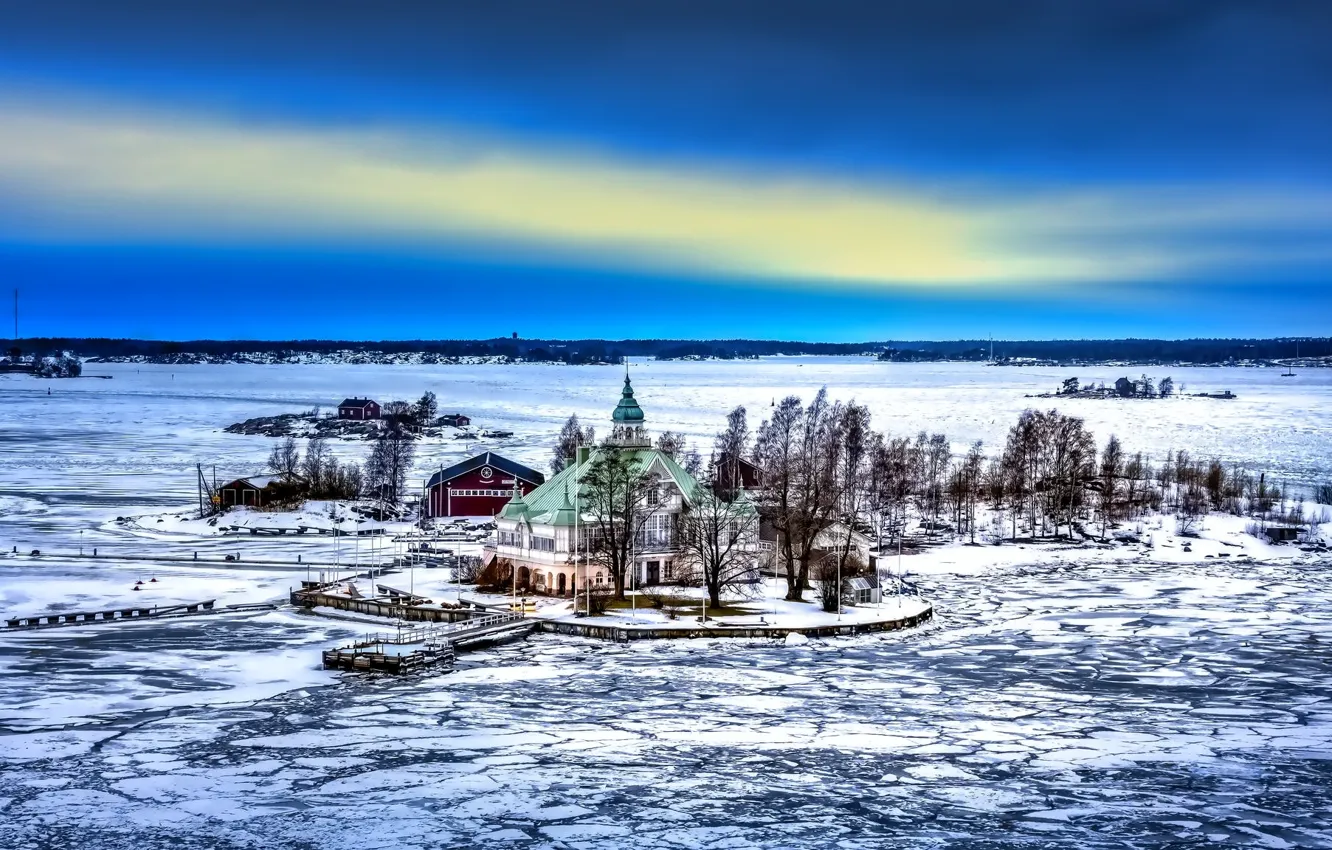 Photo wallpaper ice, winter, the sky, snow, lake, island, home, Church