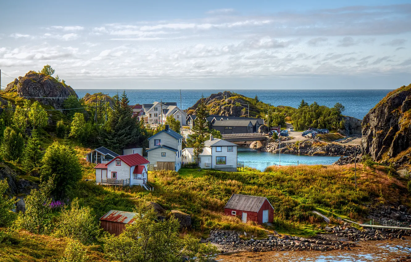 Photo wallpaper sea, greens, the sky, clouds, trees, stones, coast, horizon