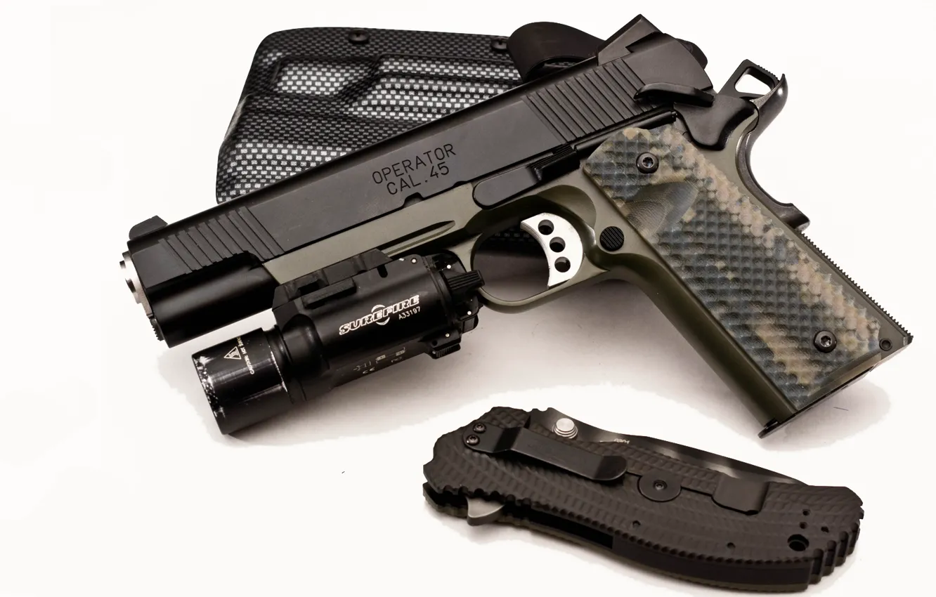 Photo wallpaper gun, knife, USA, holster, M1911, Springfield, Armory, surefire