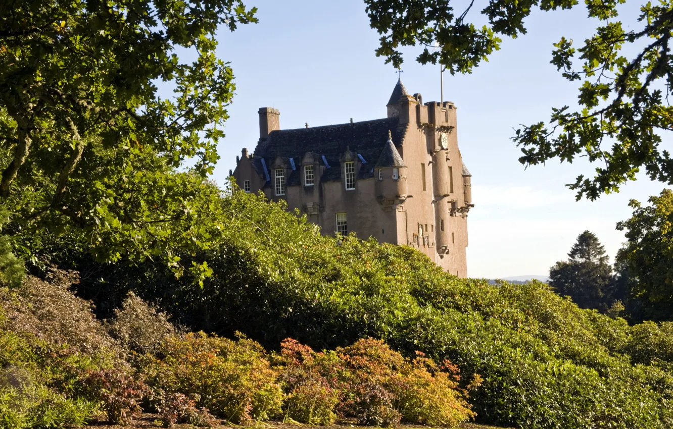 Photo wallpaper trees, castle, Scotland, the bushes, Crathies Castle