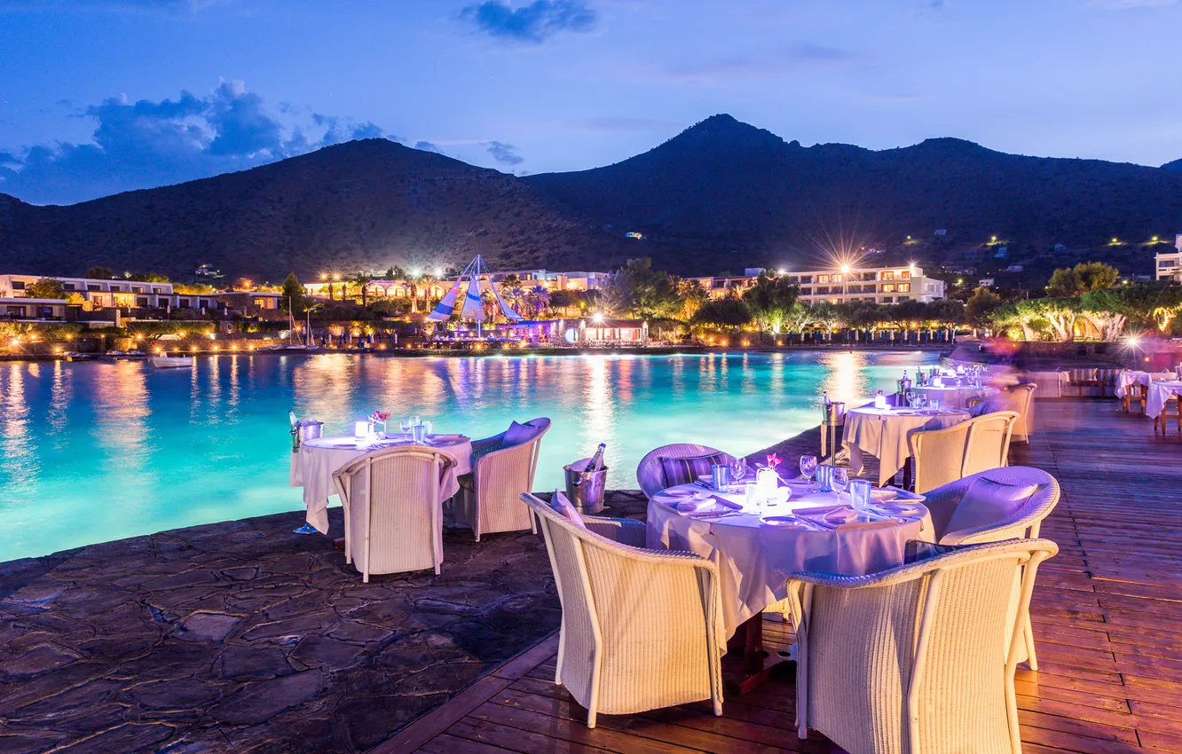 Photo wallpaper the city, lights, the evening, Greece, harbour, terrace, restaurant, Crete