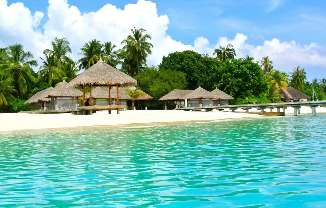 Photo wallpaper beach, tropics, palm trees, the ocean, resort, white sand, Maldives, Bungalow