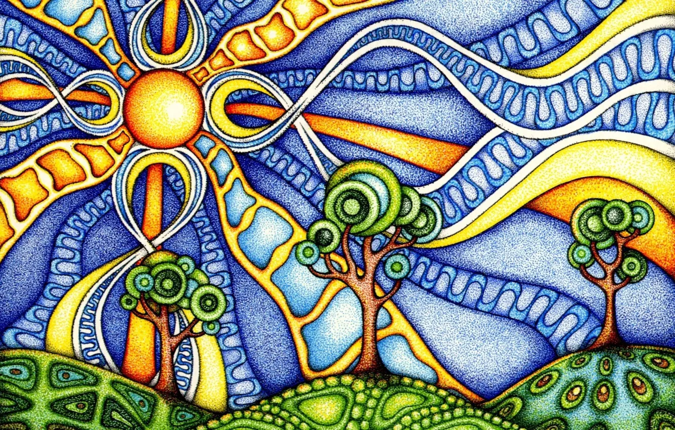 Photo wallpaper the sky, the sun, trees, line, abstraction, figure, color, picture