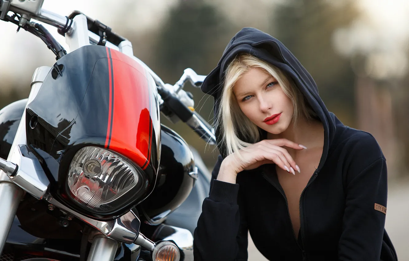 Photo wallpaper girl, model, blonde, motorcycle, bike, Anastasia Zhilina, Alexander Chuprina, Suzuki Boulevard m109r