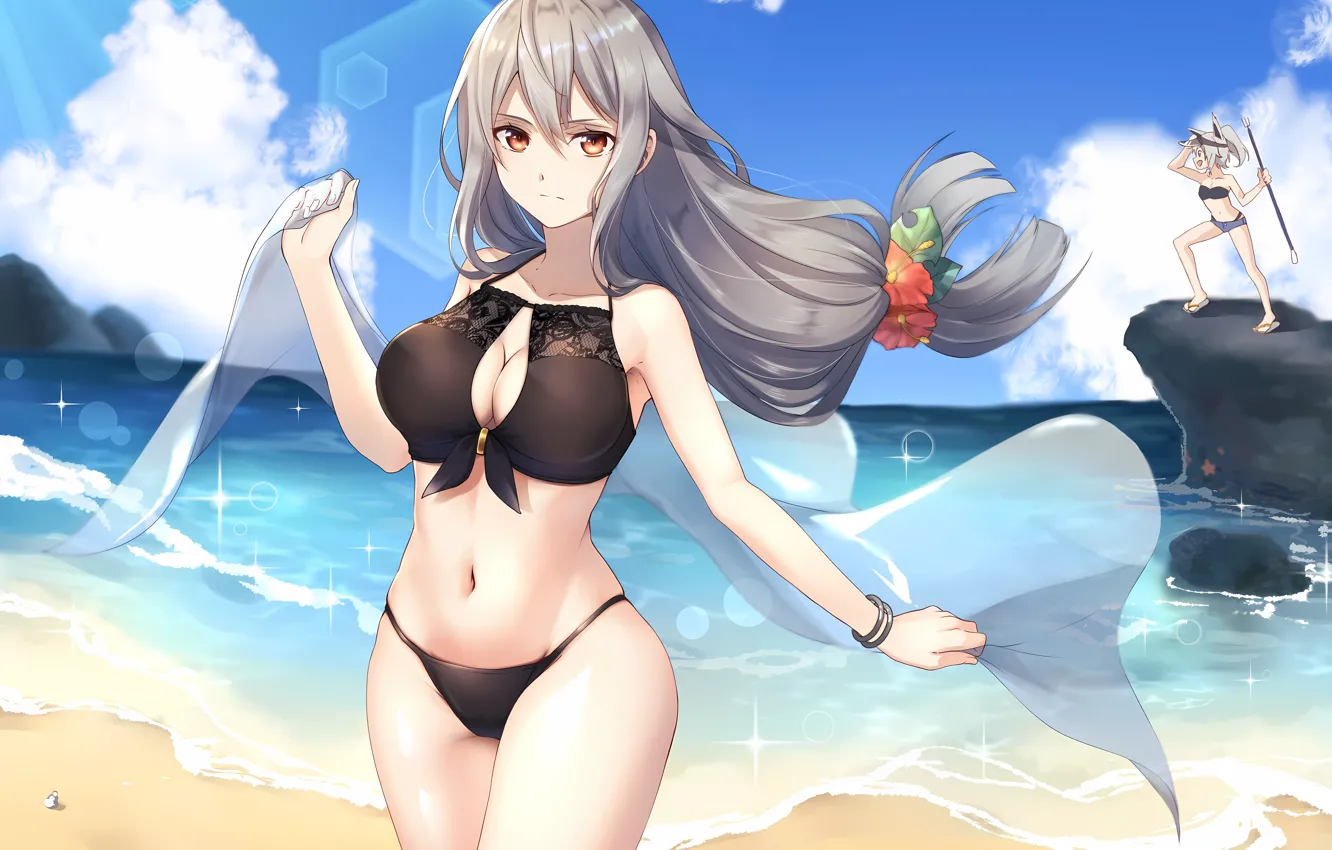 Photo wallpaper sexy, cleavage, beach, shorts, sky, long hair, legs, sea