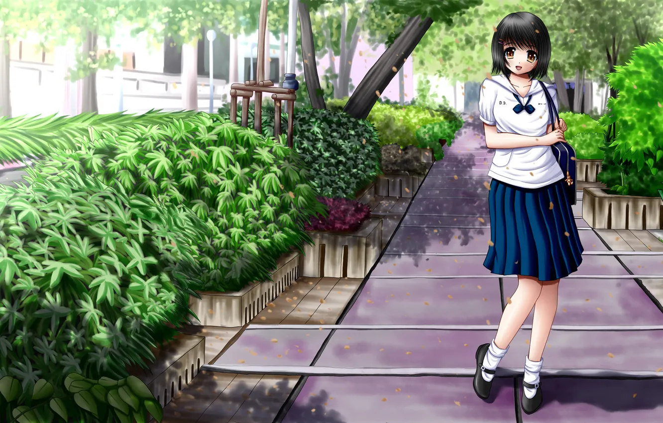 Photo wallpaper greens, leaves, girl, trees, Park, art, form, schoolgirl