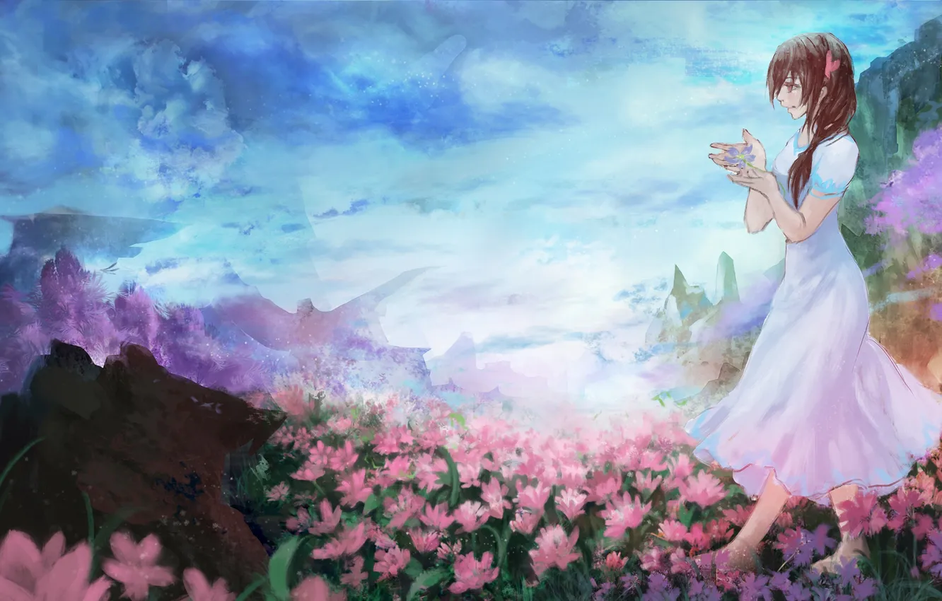 Photo wallpaper the sky, girl, clouds, flowers, mountains, nature, anime, art