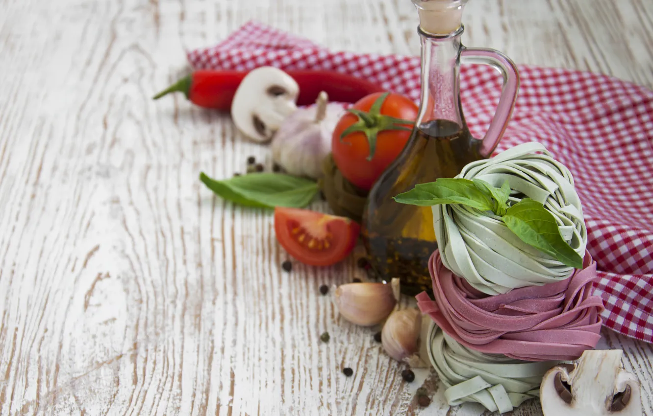 Photo wallpaper greens, mushrooms, oil, food, tomatoes, food, mushrooms, oil