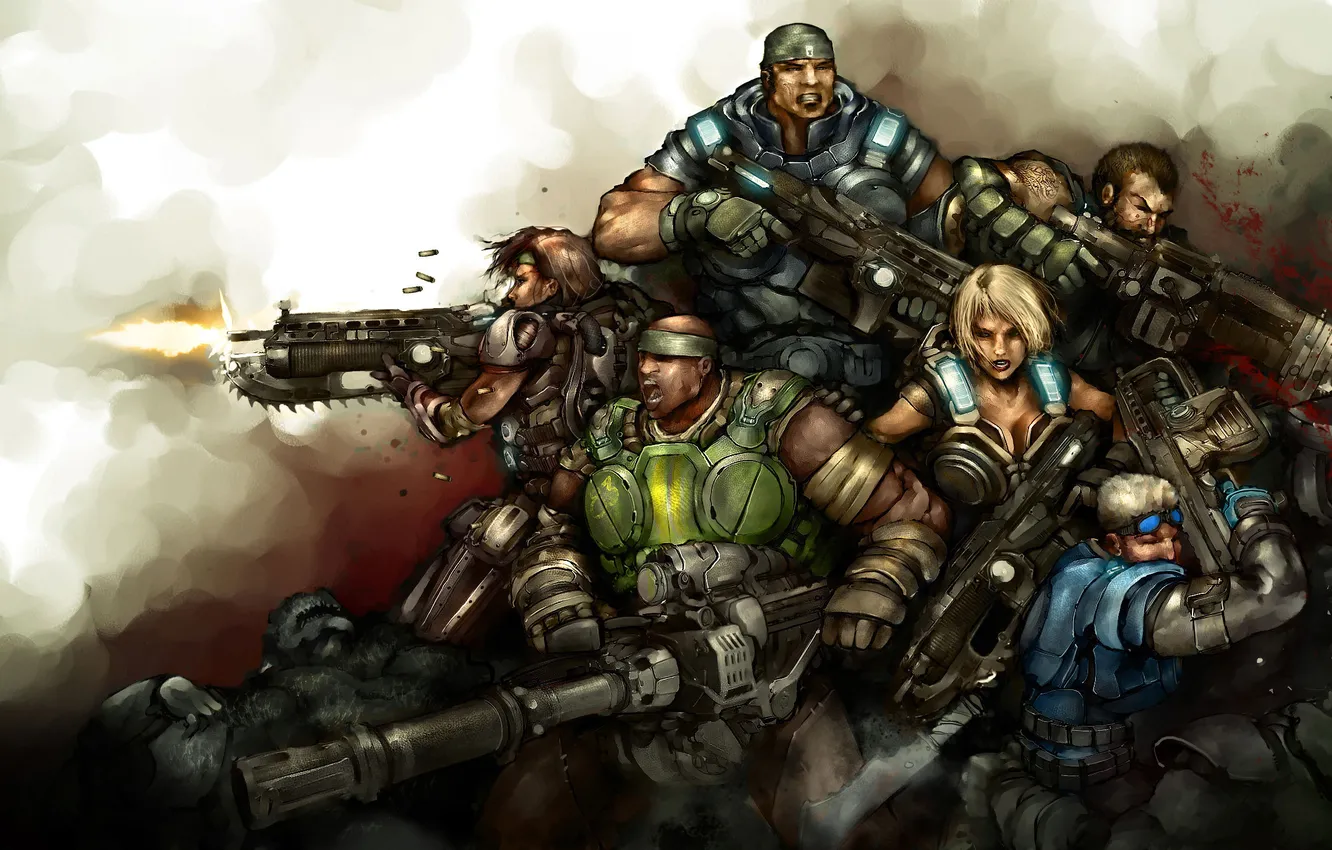 Photo wallpaper blood, monster, shot, Gears of War, squad, Marсus Fenix