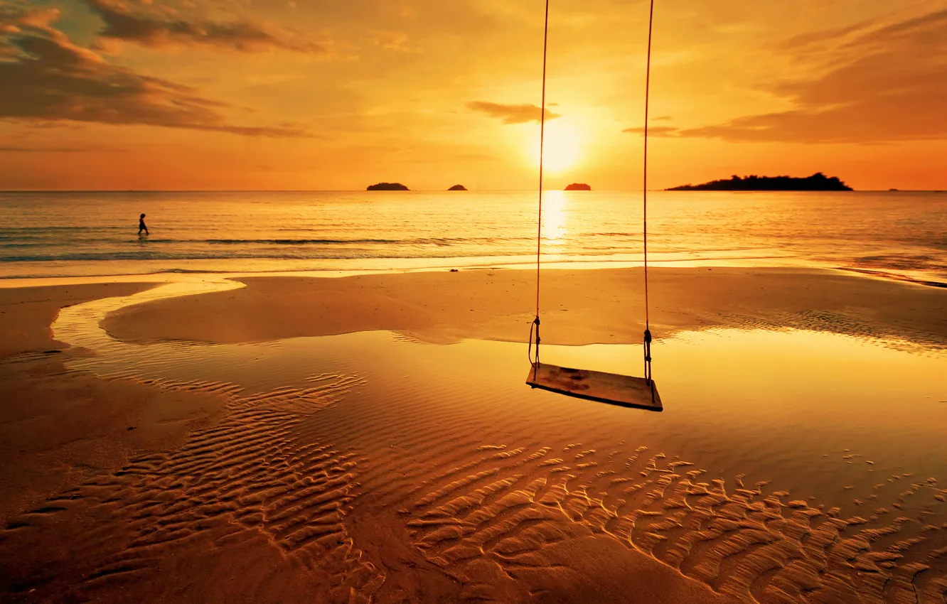Photo wallpaper sand, sea, sunset, reflection, swing, child