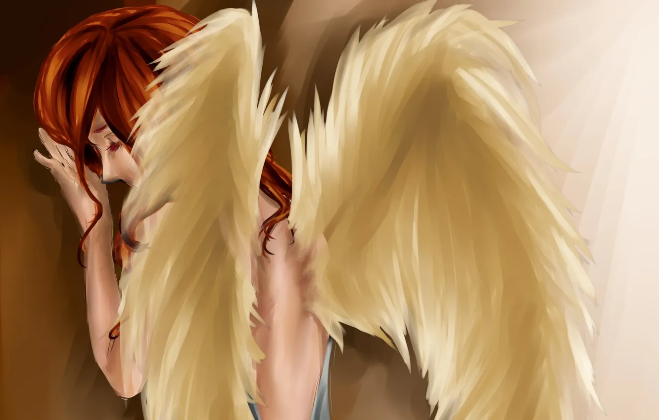 Photo wallpaper hair, back, wings, angel, feathers, hands, art, painting