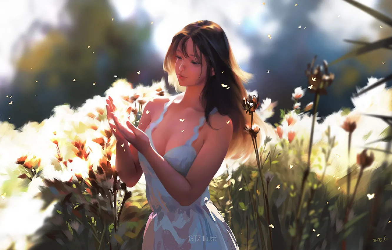 Photo wallpaper girl, girl, blurred background, white sundress, summer day, flowering meadow, by Taejune Kim