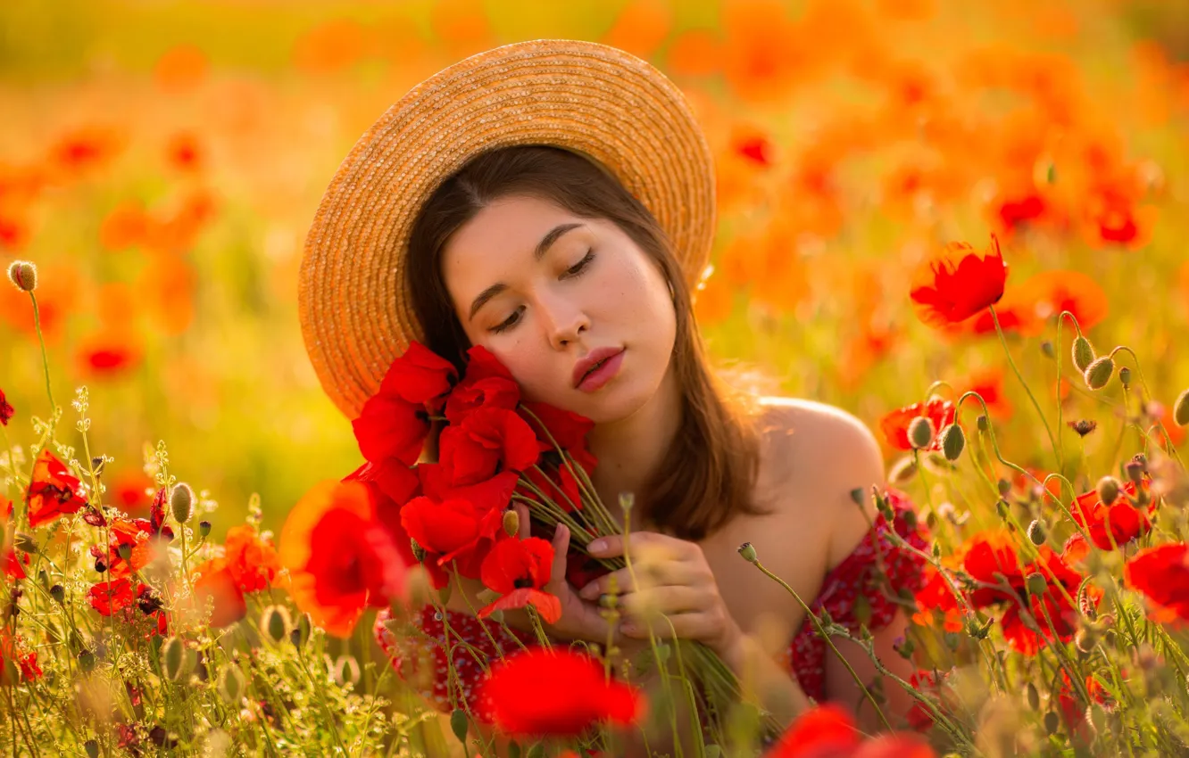 Photo wallpaper summer, girl, flowers, face, pose, Maki, hat, blur