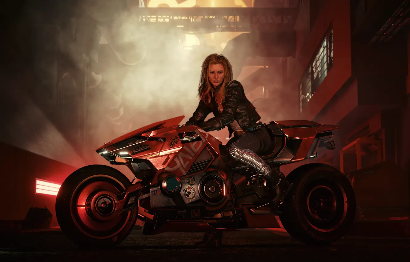 Photo wallpaper girl, bike, art, rider, blonde, Cyberpunk 2077, biker