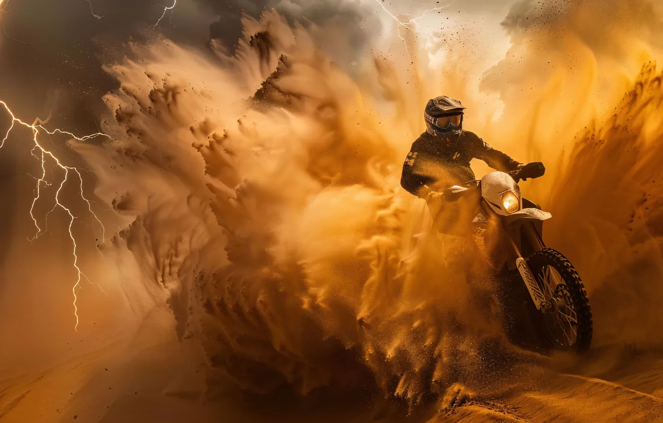 Photo wallpaper sand, clouds, lightning, desert, motorcycle, athlete, male, Motorsport