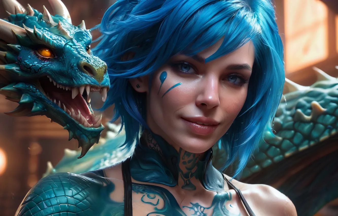 Photo wallpaper look, girl, dragon, blue hair