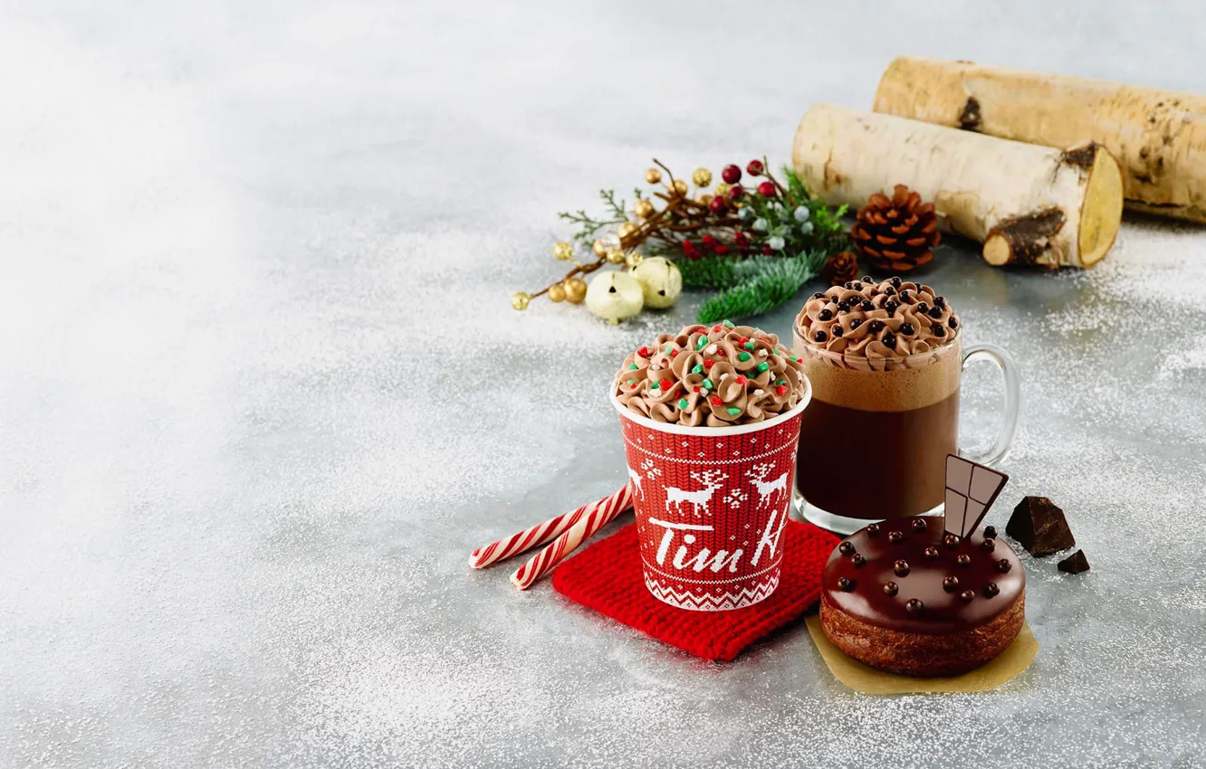 Photo wallpaper winter, snow, coffee, food, cream, Cup, cake, cake