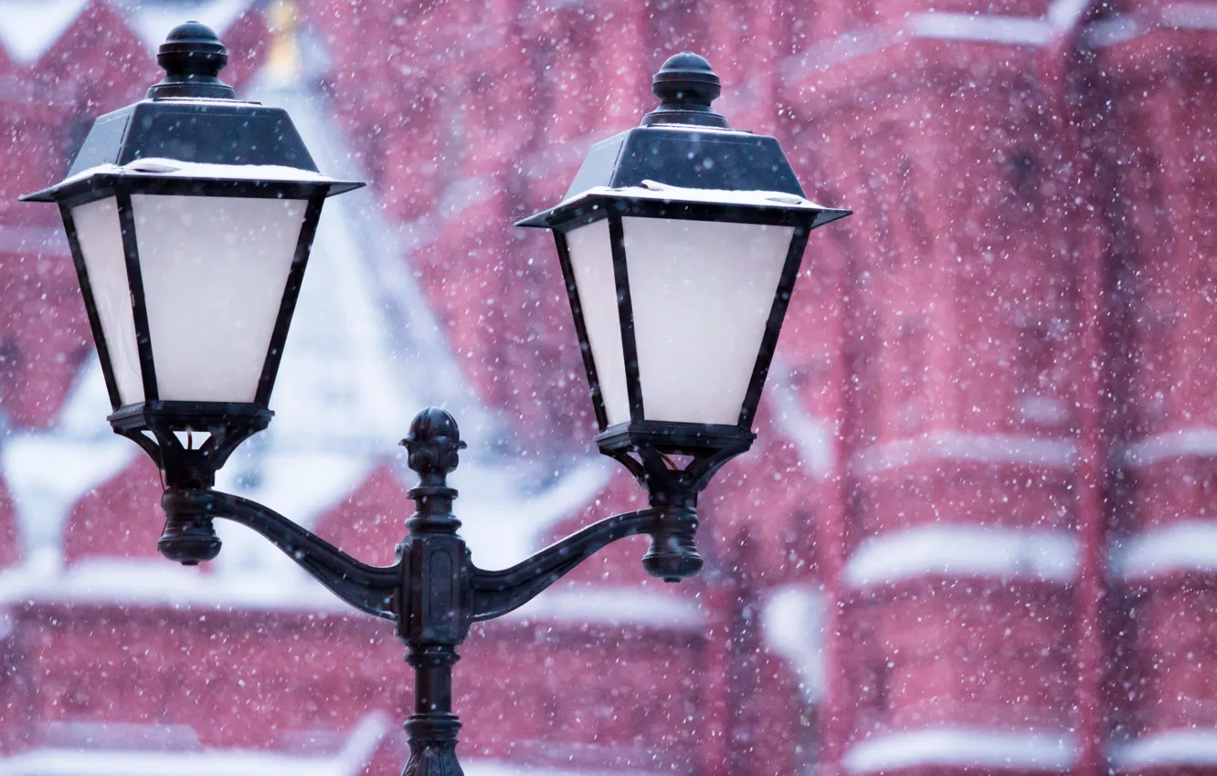 Photo wallpaper winter, white, snow, snowflakes, the city, street, area, lantern