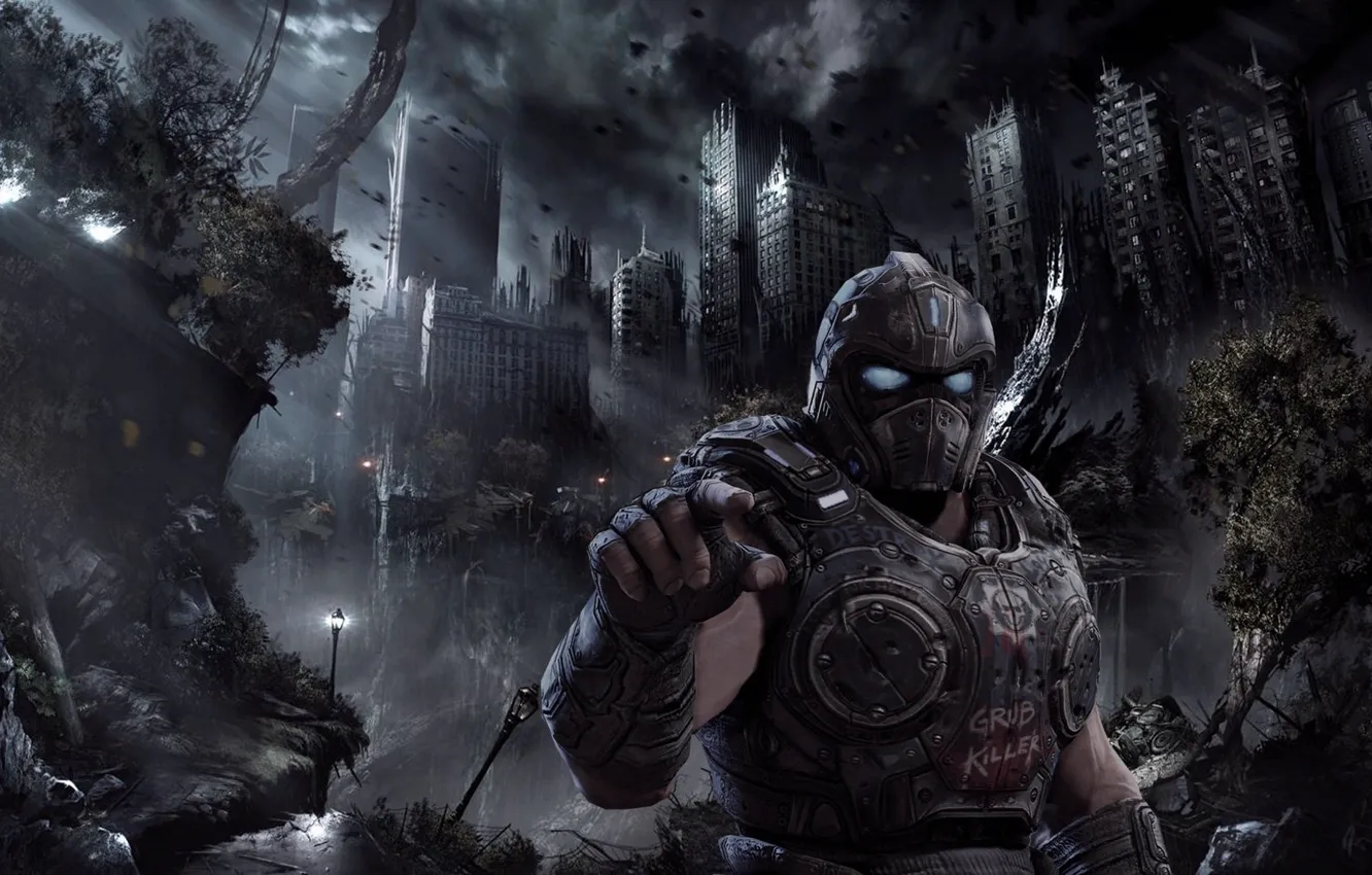 Photo wallpaper city, Microsoft, battlefield, soldier, sky, chaos, Gears of War, war