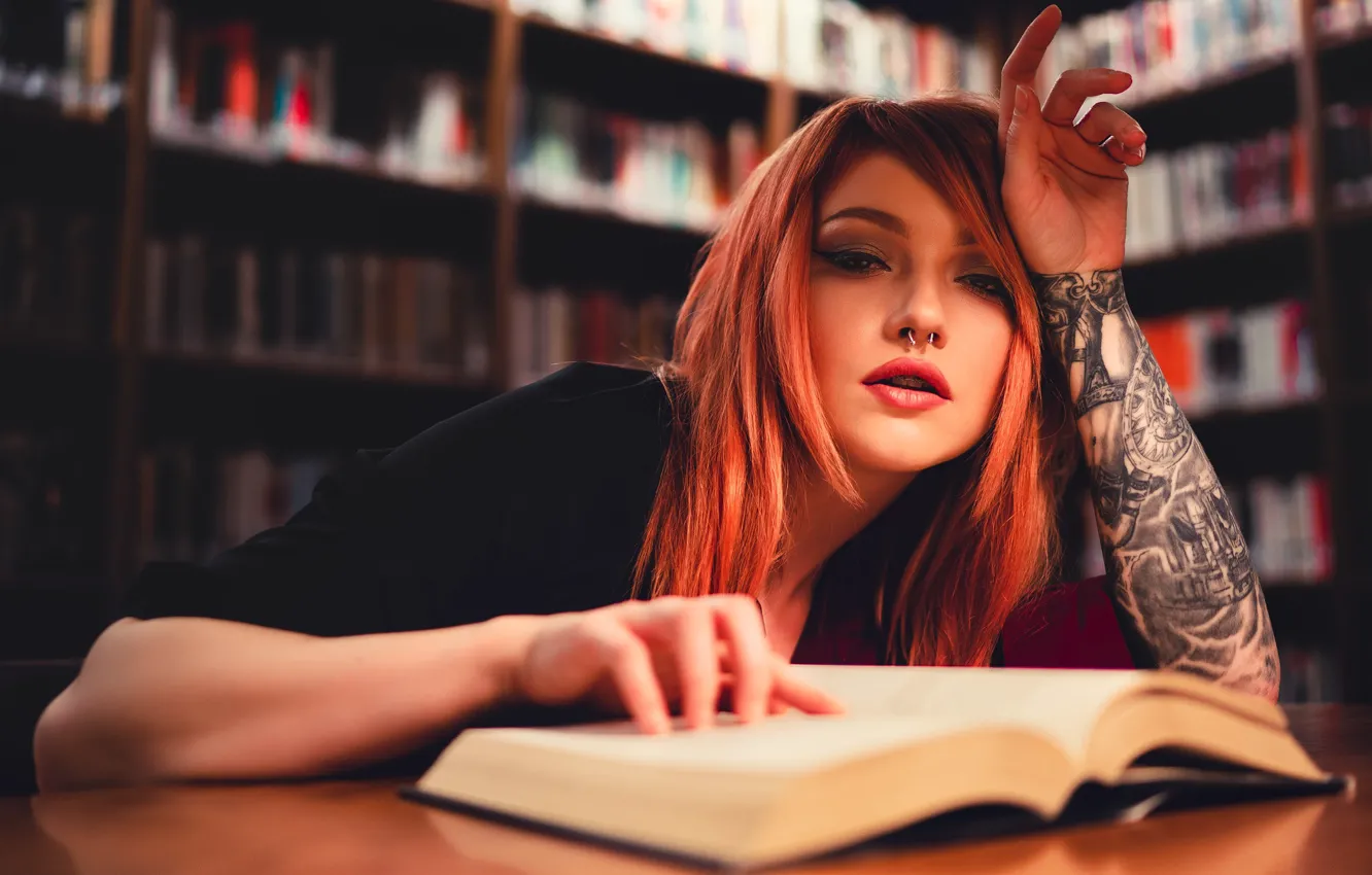 Photo wallpaper girl, eyes, redhead, library, Sight