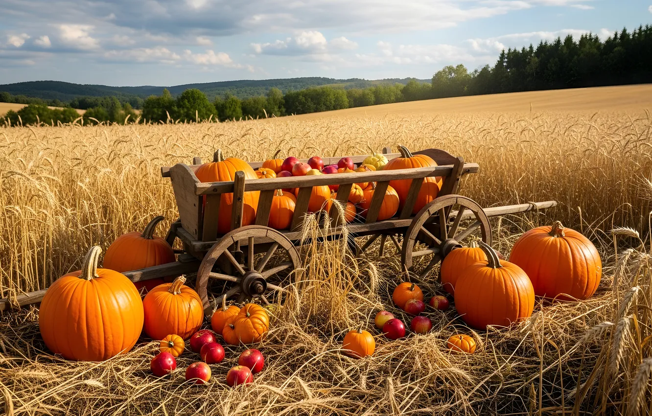 Photo wallpaper field, autumn, forest, clouds, apples, dal, harvest, hay