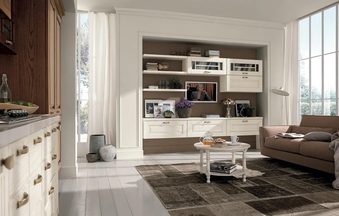 Photo wallpaper design, style, interior, kitchen, sofa, living room