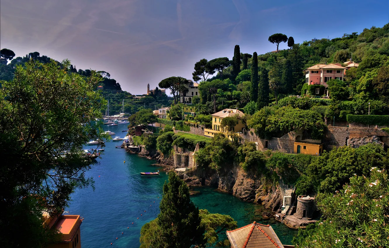 Photo wallpaper sea, greens, the sky, the sun, trees, boat, home, Bay