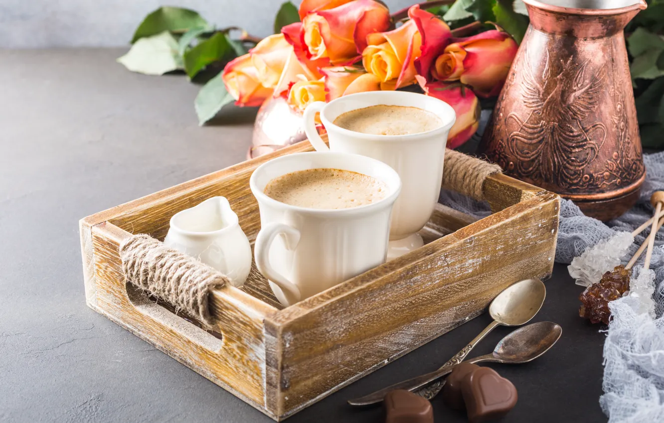 Photo wallpaper coffee, roses, bouquet, candy, Cup, hearts, chocolate, Iryna Melnyk