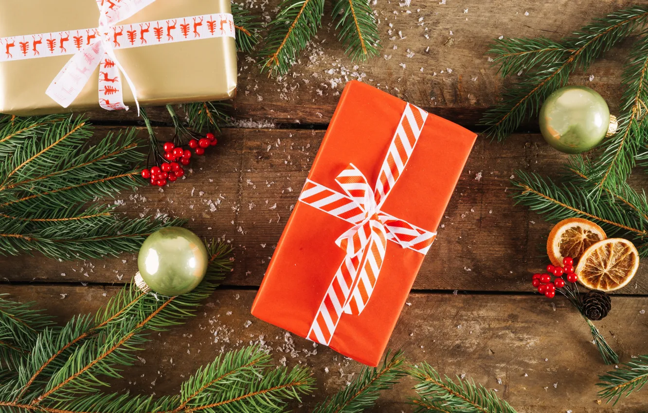 Photo wallpaper holiday, gift, toy, new year, fir-tree branches