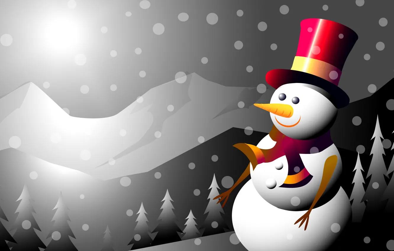 Photo wallpaper winter, mountains, collage, new year, Christmas, vector, snowman, postcard