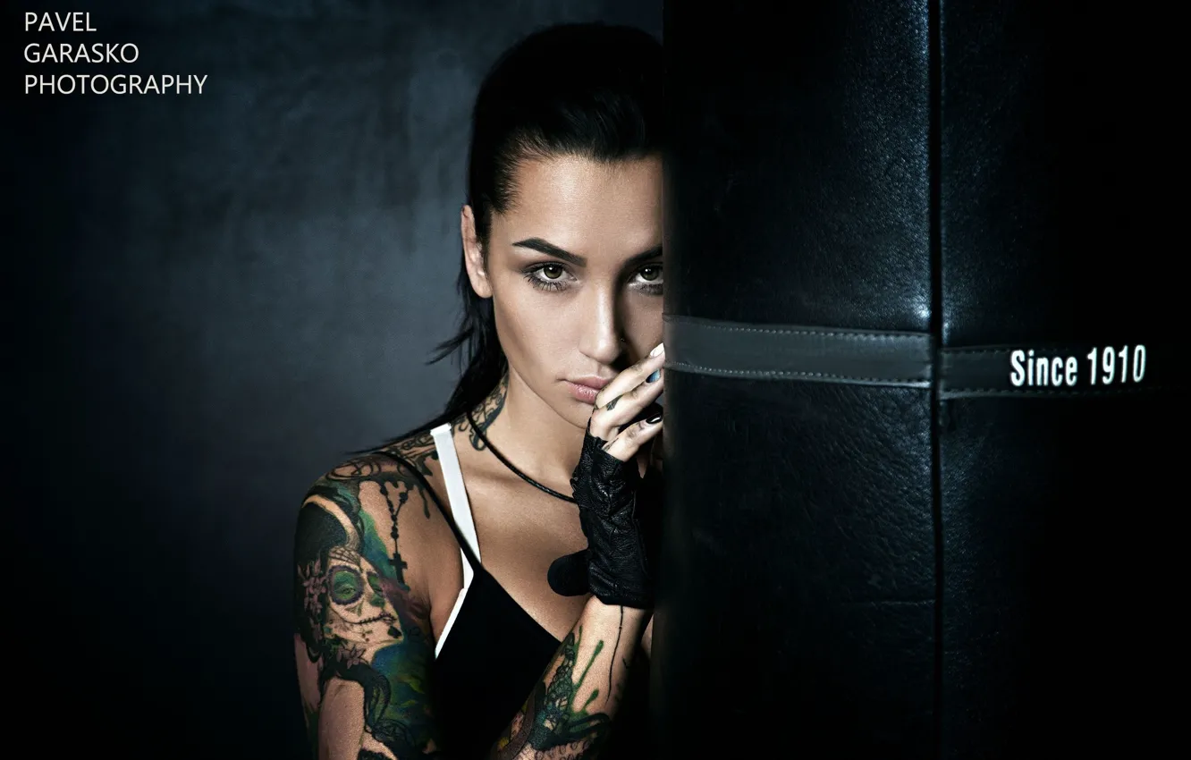 Photo wallpaper look, girl, makeup, brunette, tattoo, hairstyle, gloves, pear