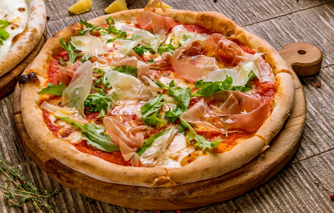 Photo wallpaper cheese, pizza, bacon, arugula