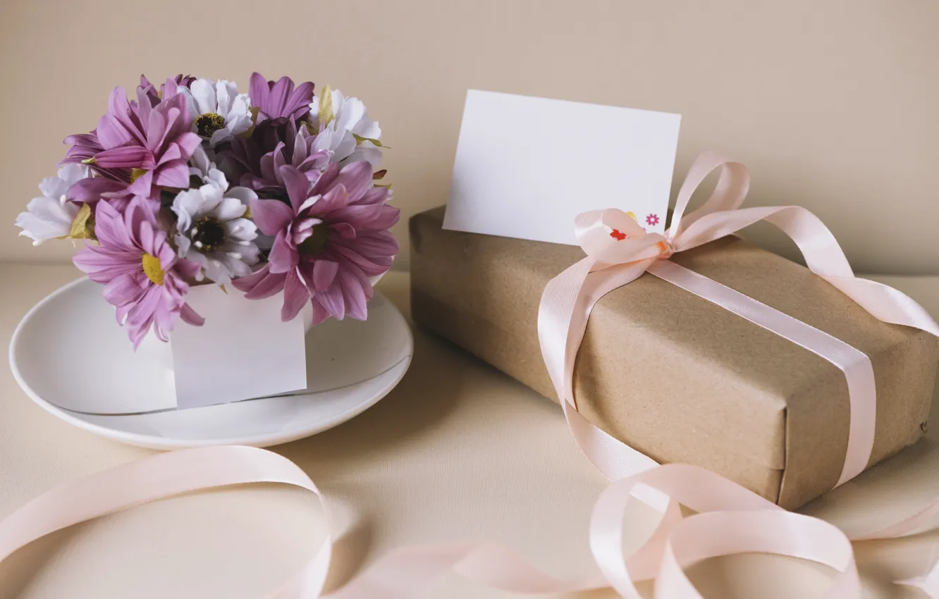 Photo wallpaper flowers, gift, Tape, Holiday, bow, chrysanthemum, box