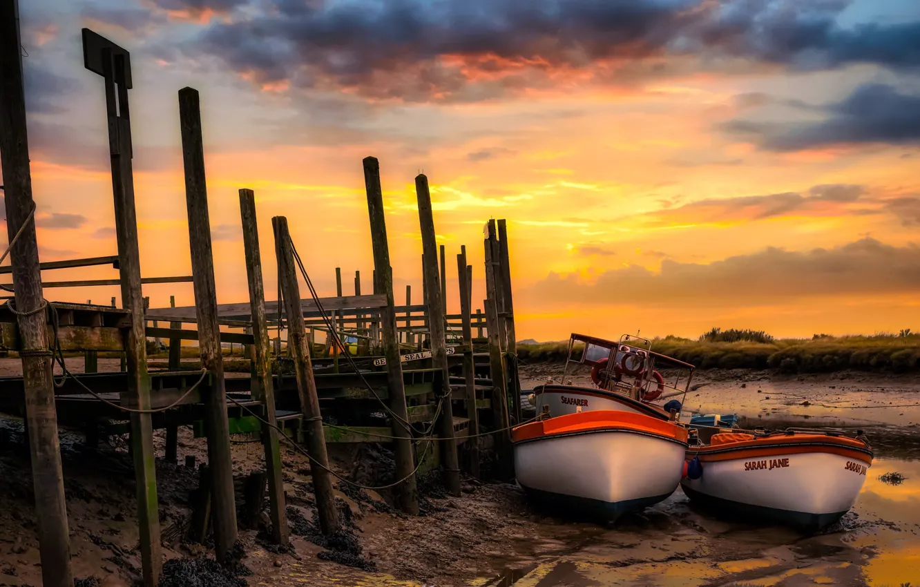 Photo wallpaper sunset, shore, boat, pier