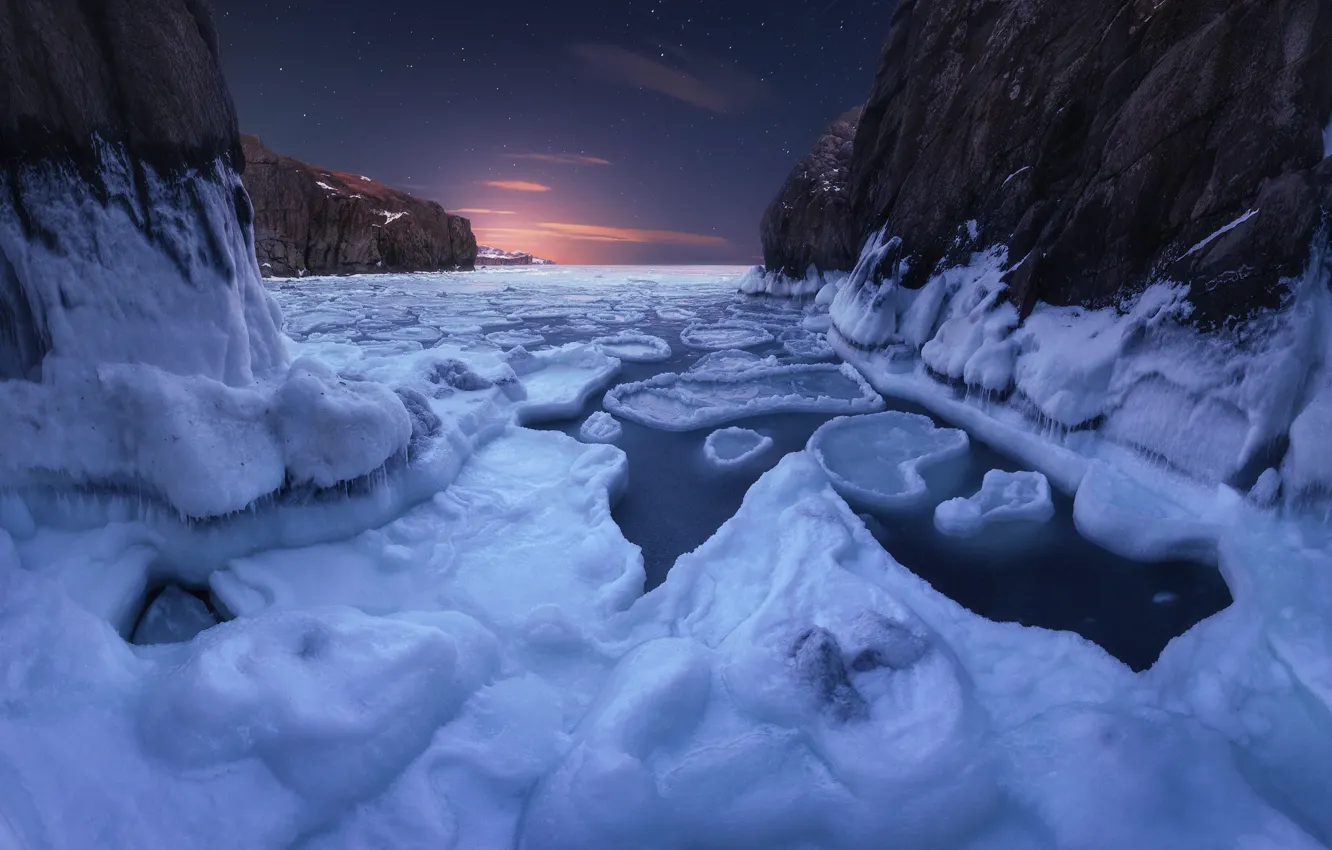 Photo wallpaper sea, the sky, snow, landscape, nature, rocks, dawn, ice