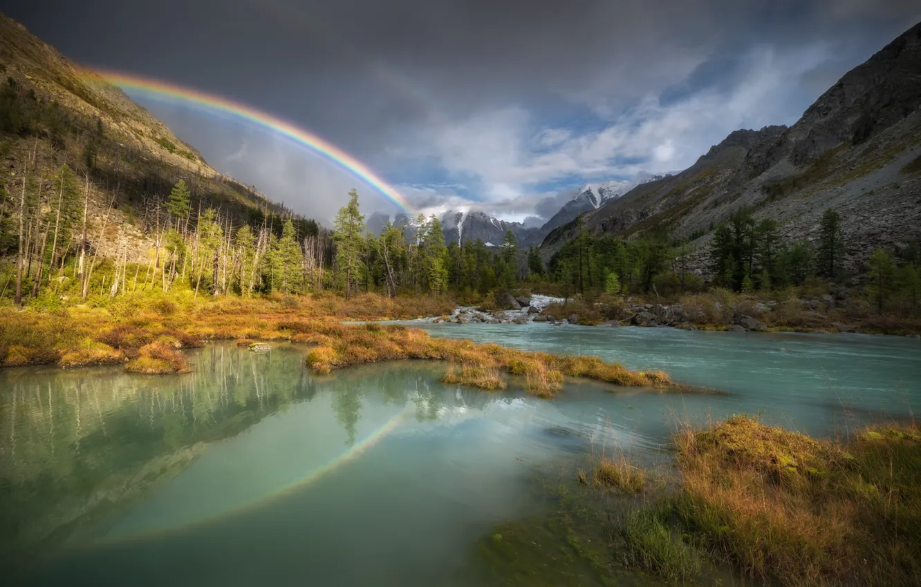 Photo wallpaper autumn, forest, the sky, clouds, mountains, lake, reflection, river