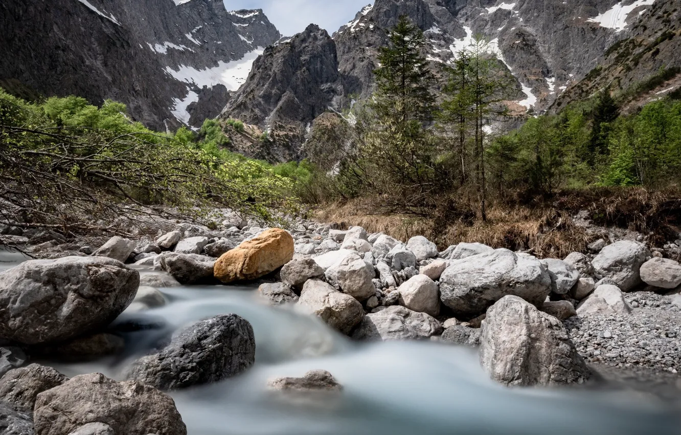 Photo wallpaper mountains, river, stream