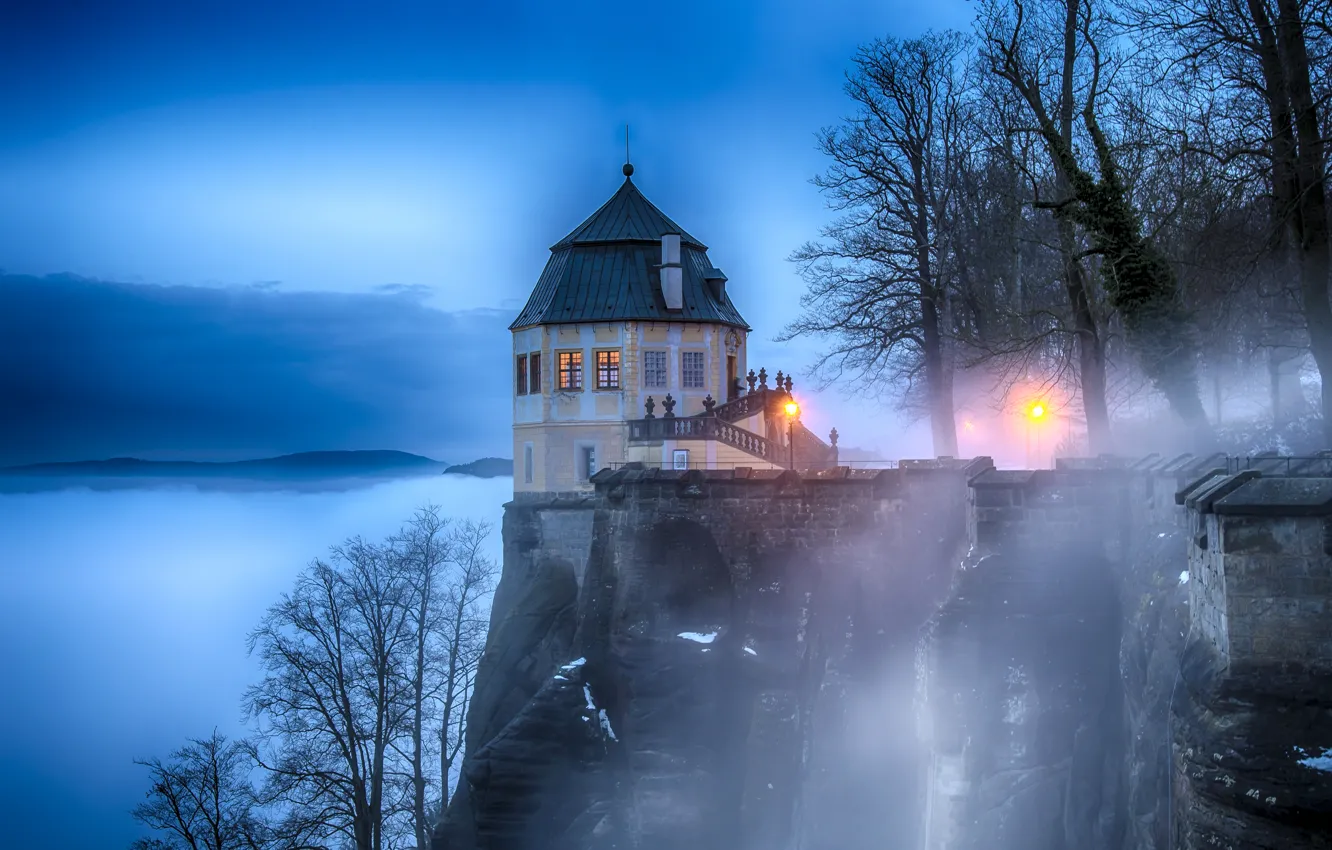 Photo wallpaper trees, lights, fog, rock, Switzerland, lights, fortress, King stone